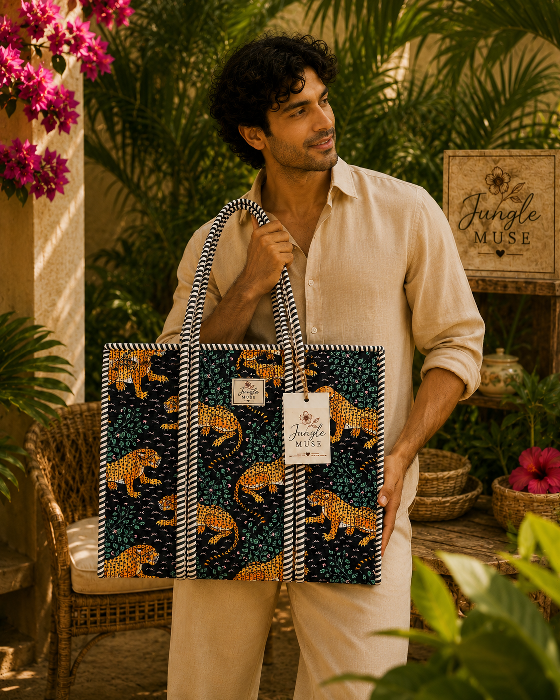 Royal Black Leopard Quilted Tote Bag