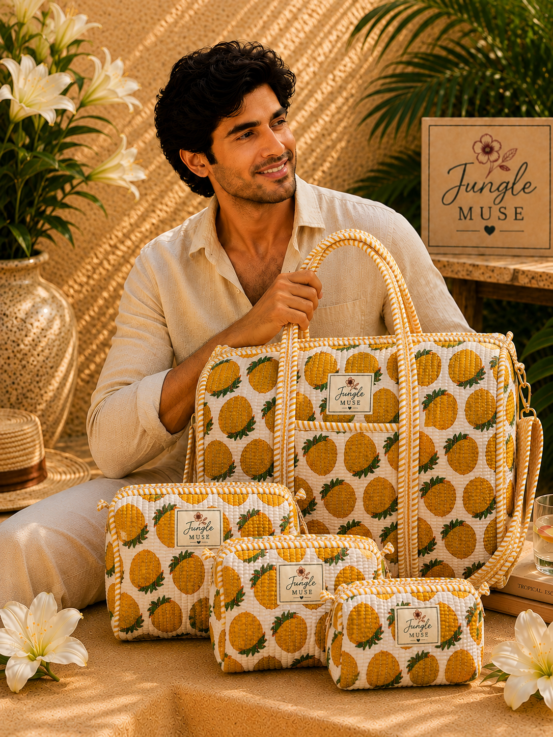 Yellow Pineapple Bloom Quilted Duffle & Pouch Set