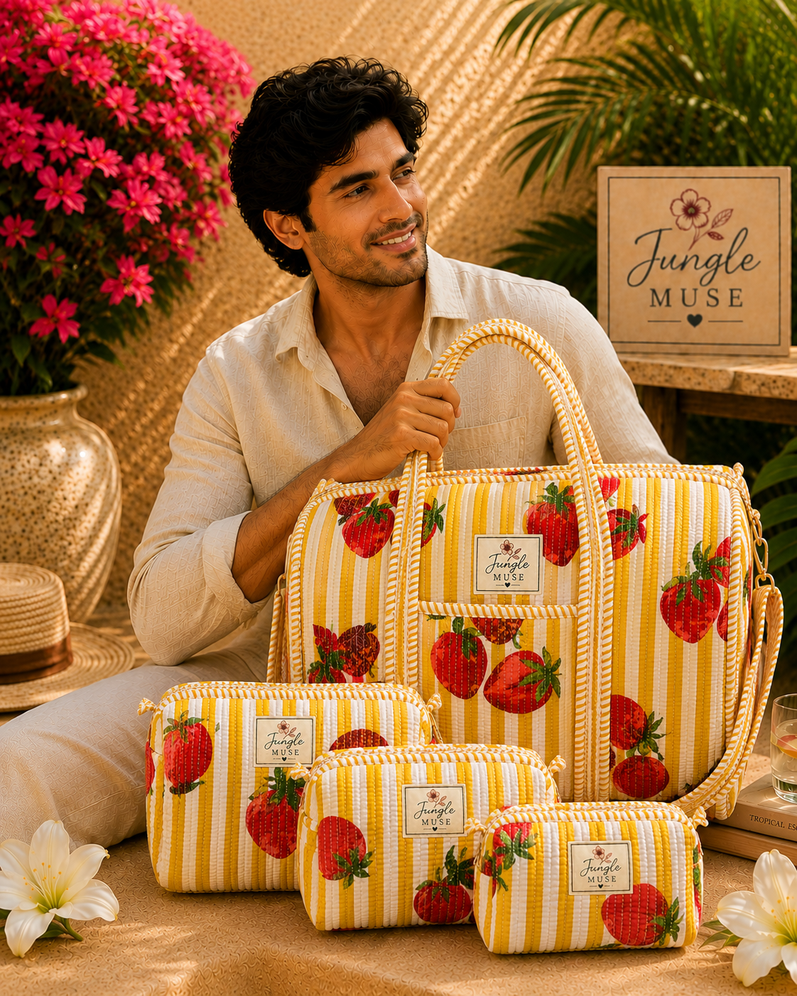 Yellow Strawberry Bliss Quilted Duffle & Pouch Set