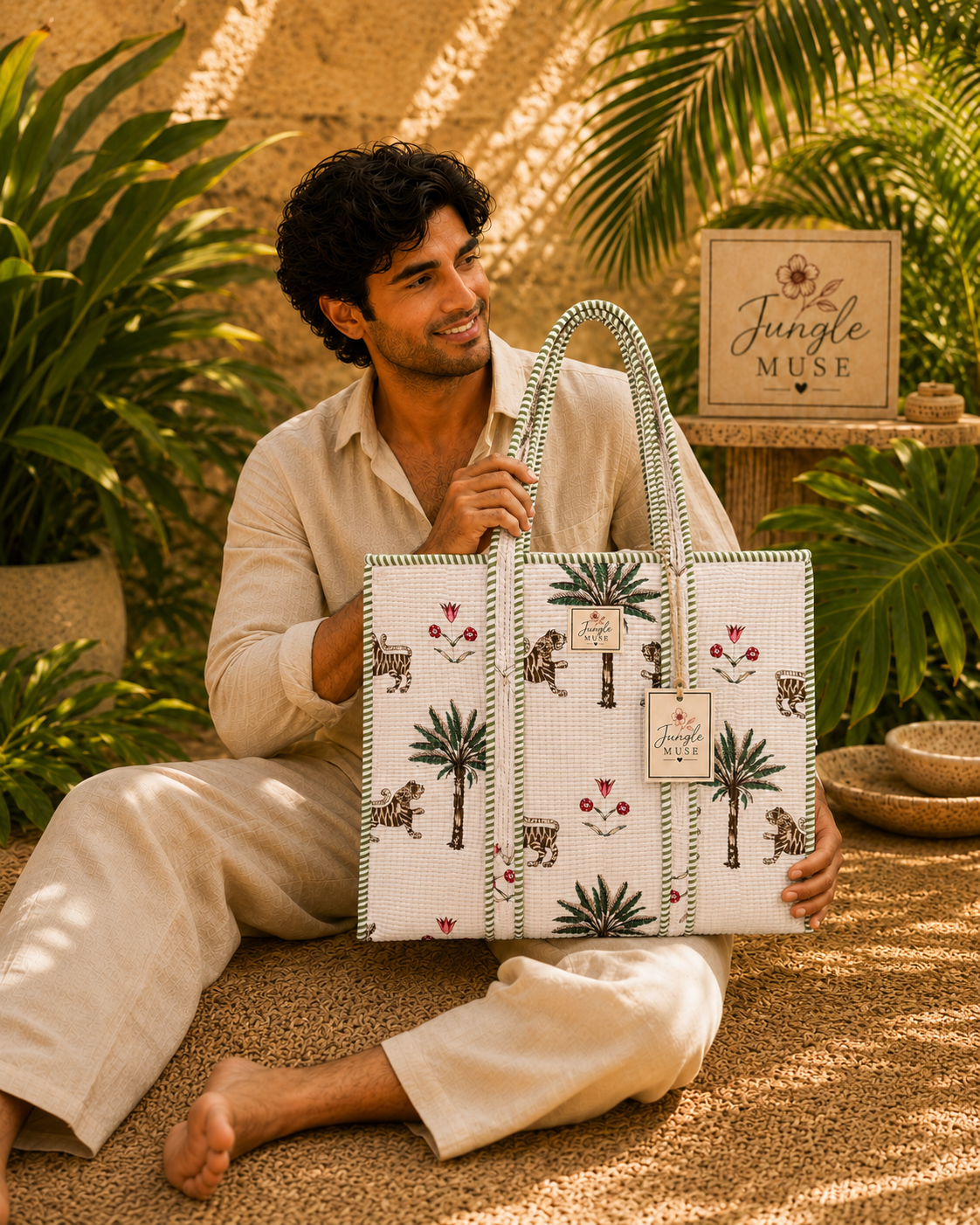 Ivory Palm Safari Quilted Tote Bag