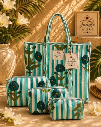 Aqua Blossom Quilted Tote Bag & Pouch Set