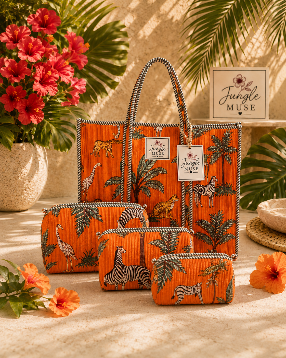 Orange Safari Quilted Tote Bag & Pouch Set