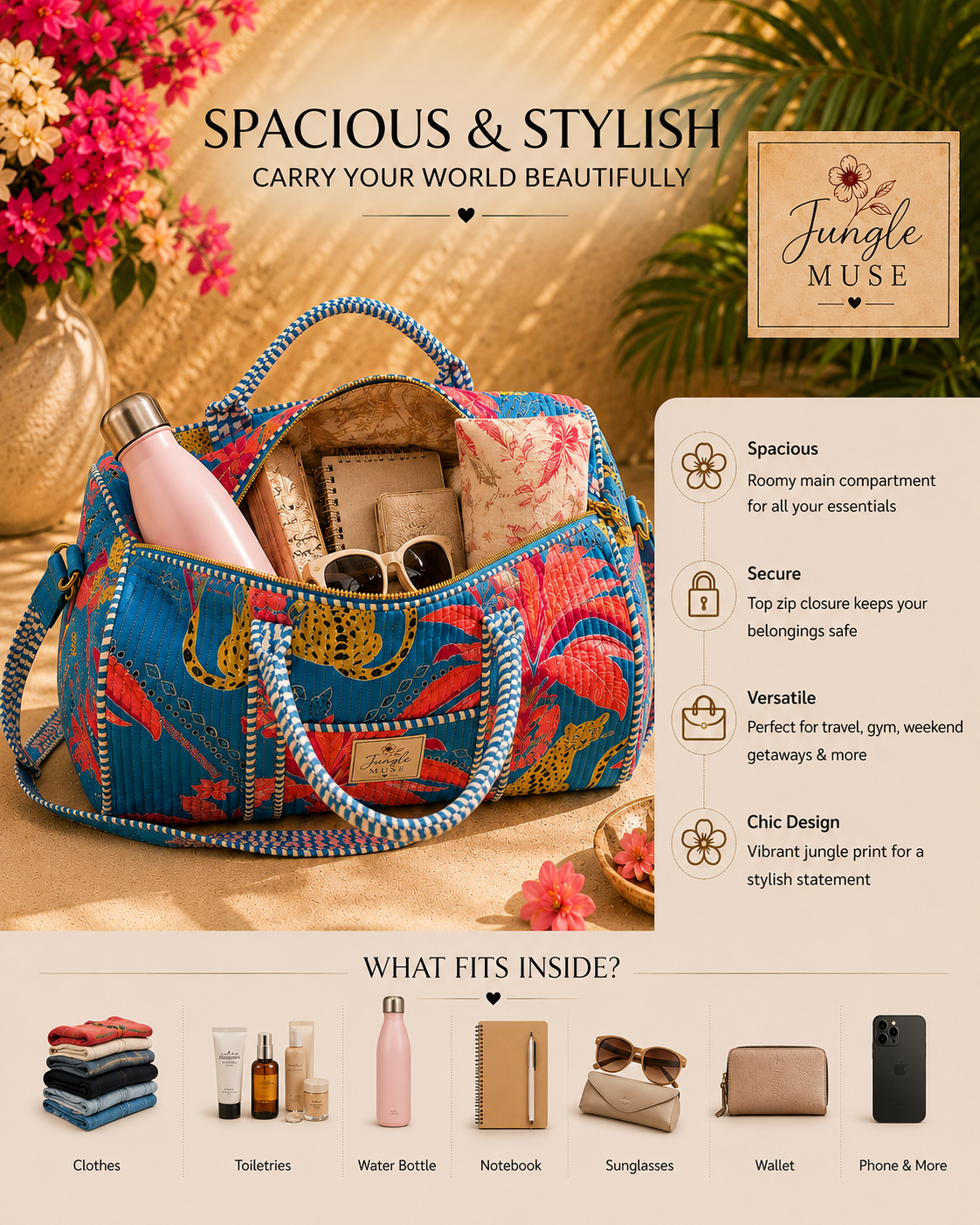 Tropical Leopard Quilted Duffle Bag