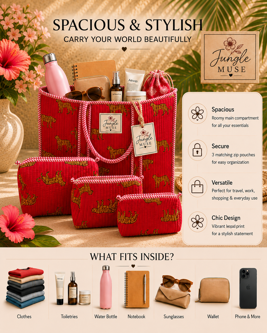 Ruby Leopard Quilted Tote & Pouch Set