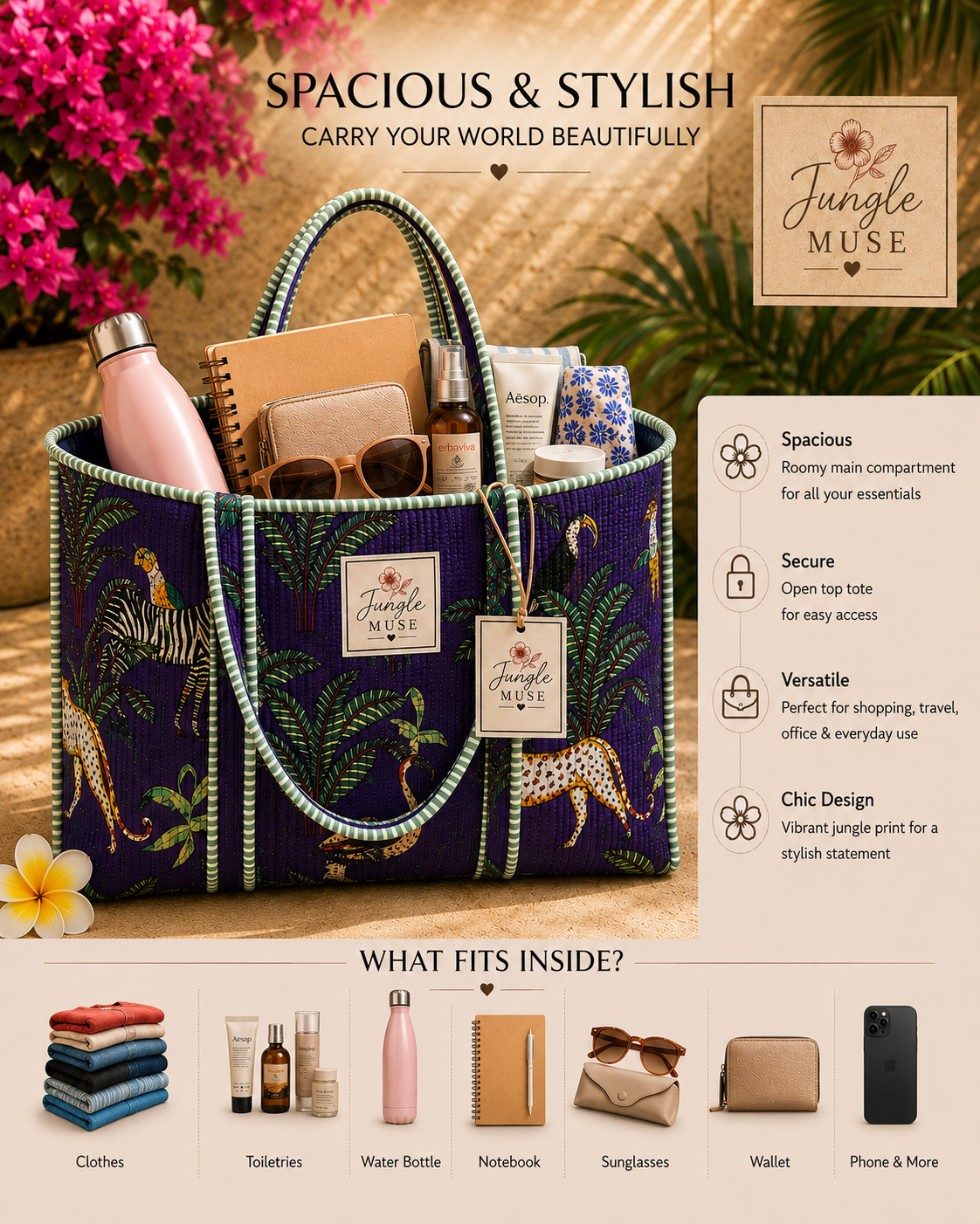 Dark Blue Safari Quilted Tote Bag