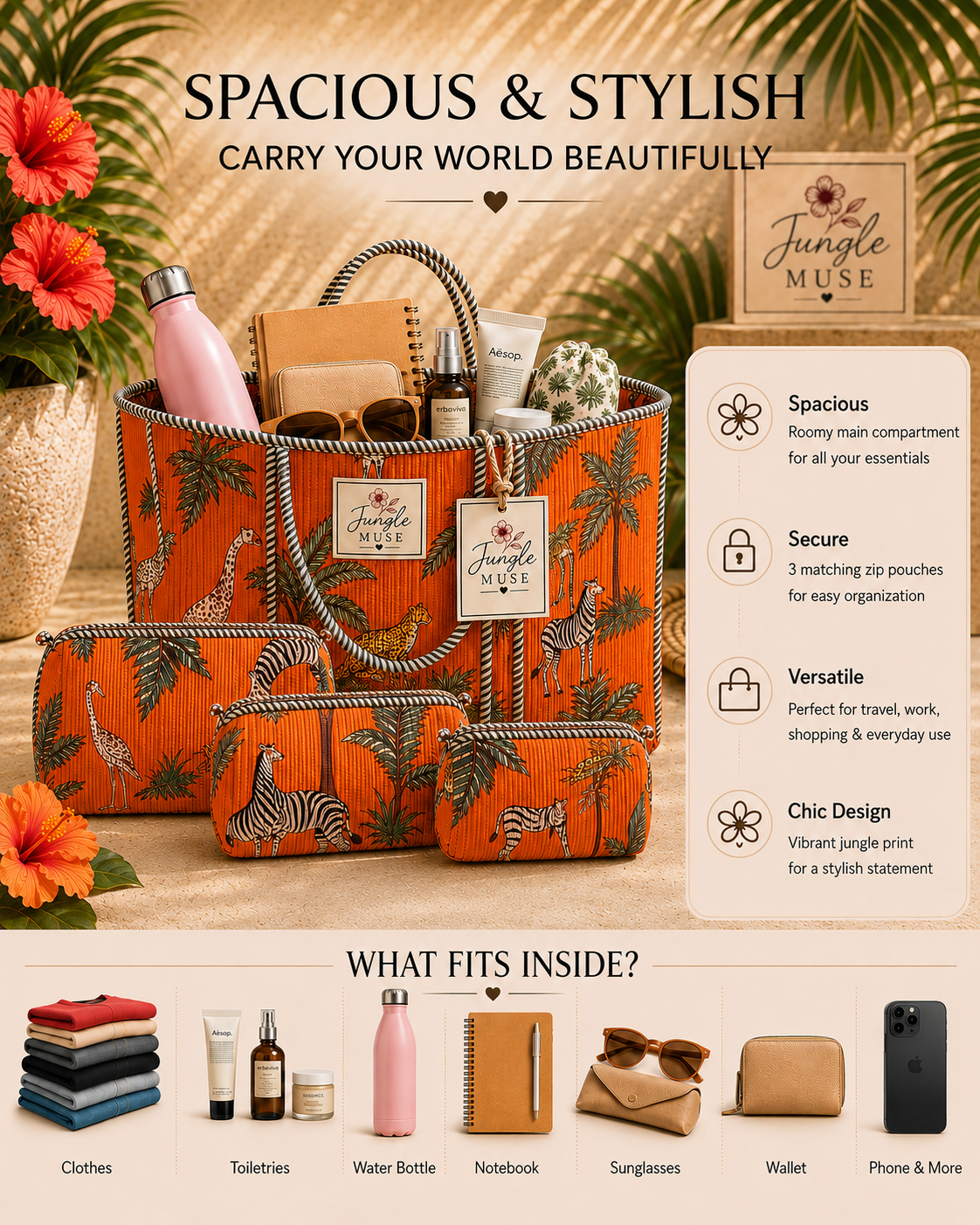 Orange Safari Quilted Tote Bag & Pouch Set