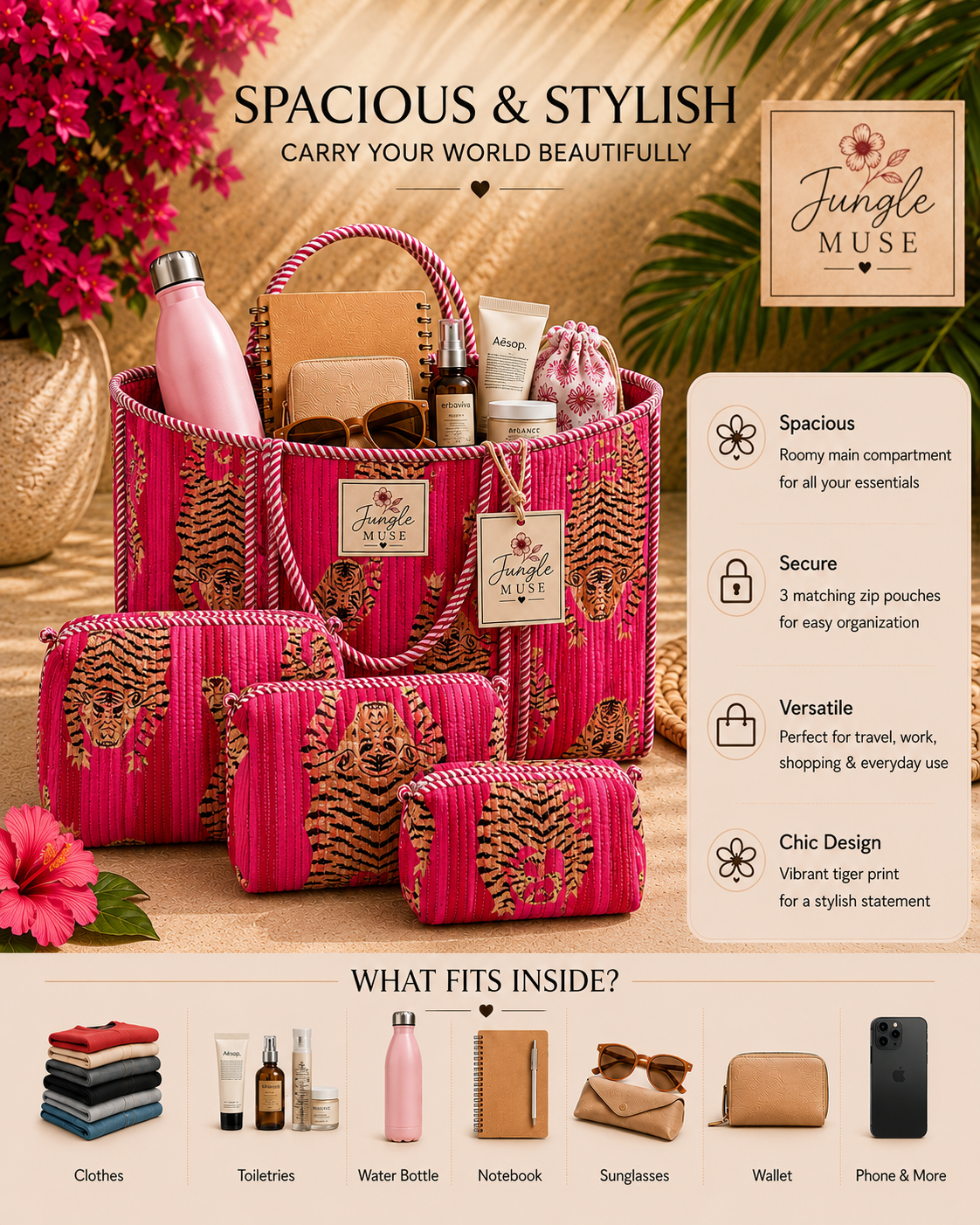 Pink Panther Quilted Tote Bag & Pouch Set