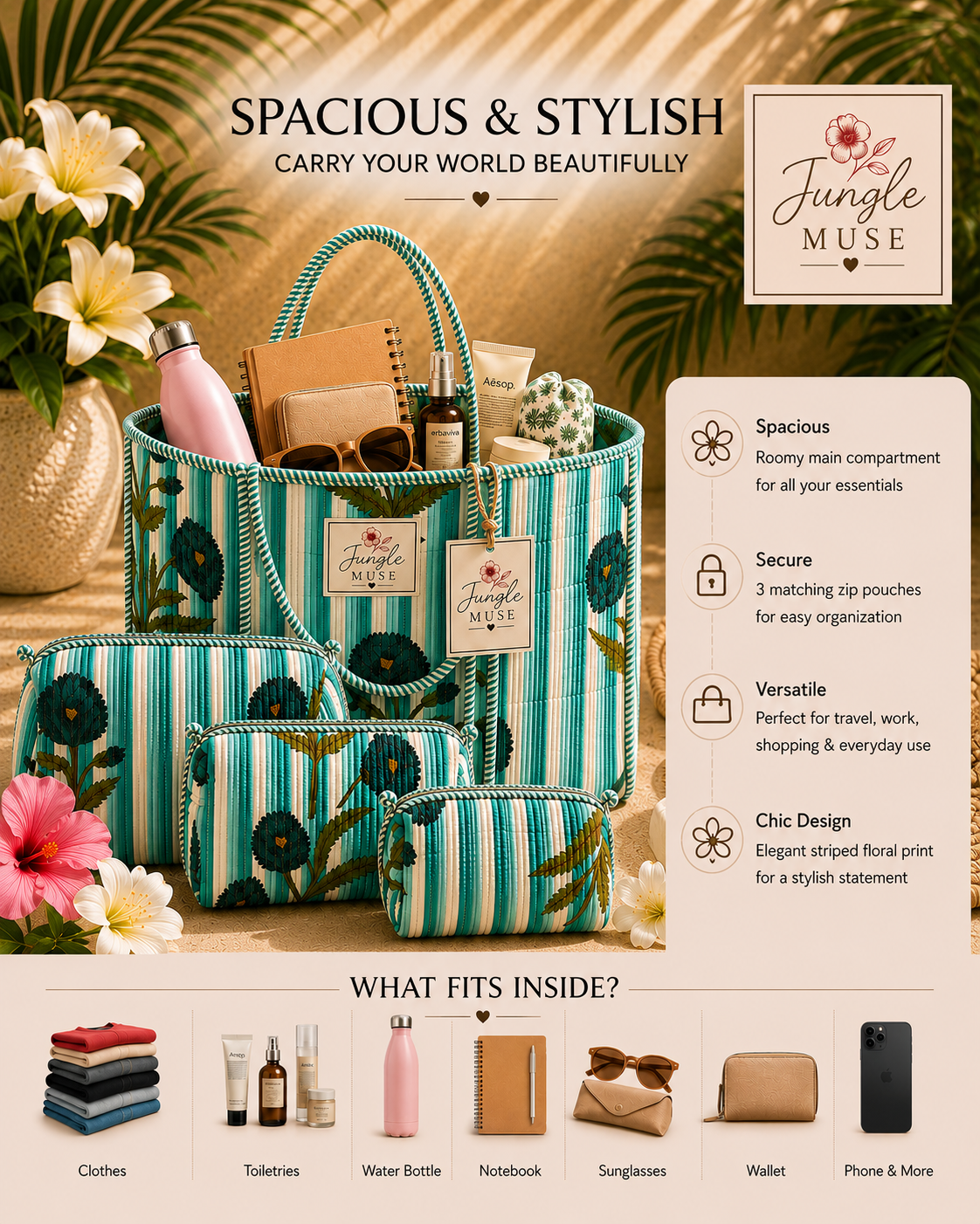 Aqua Blossom Quilted Tote Bag & Pouch Set