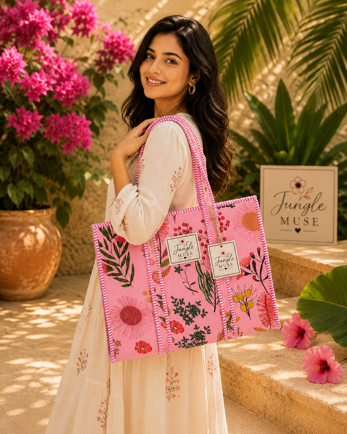 Pink Botanica Quilted Tote Bag