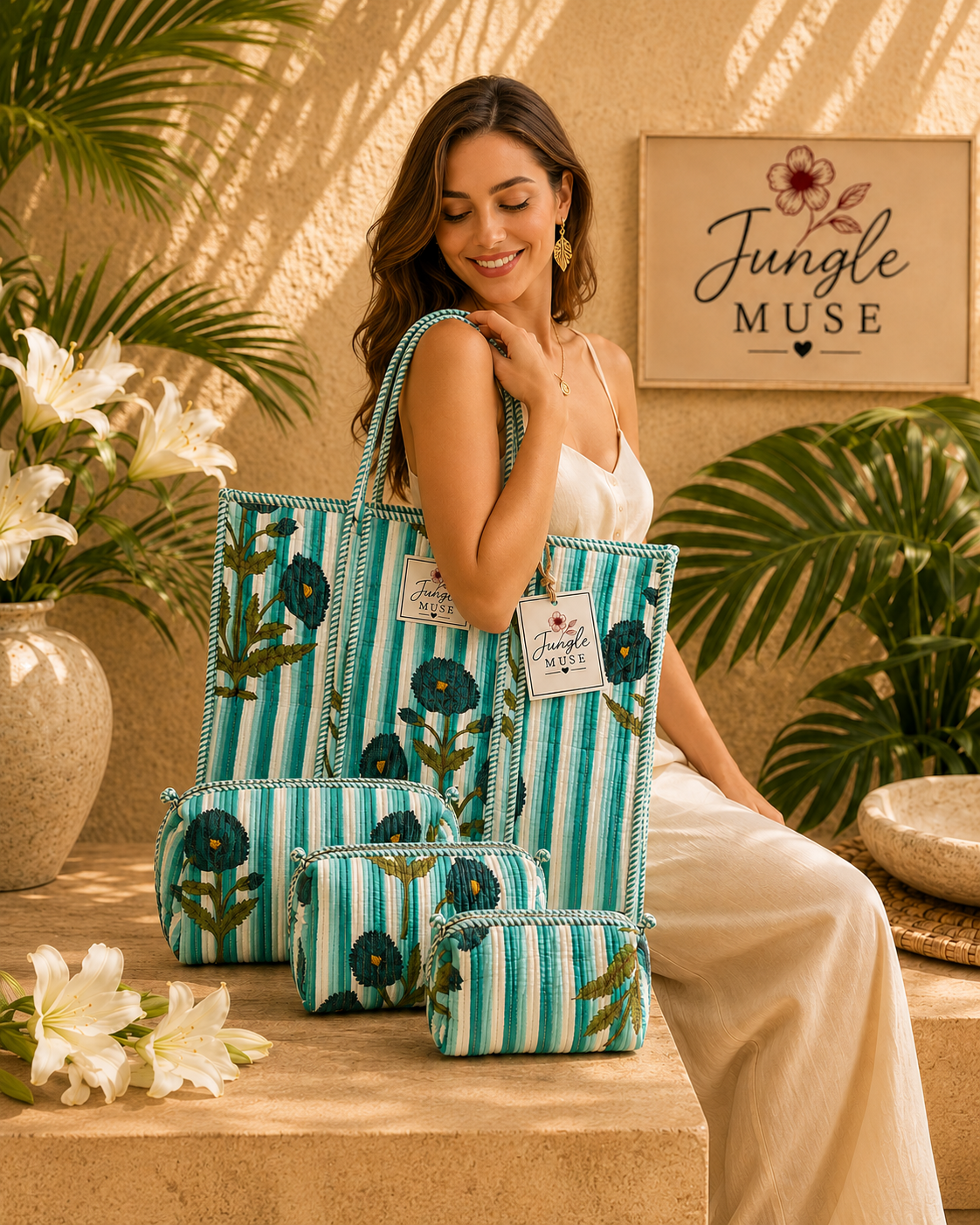 Aqua Blossom Quilted Tote Bag & Pouch Set