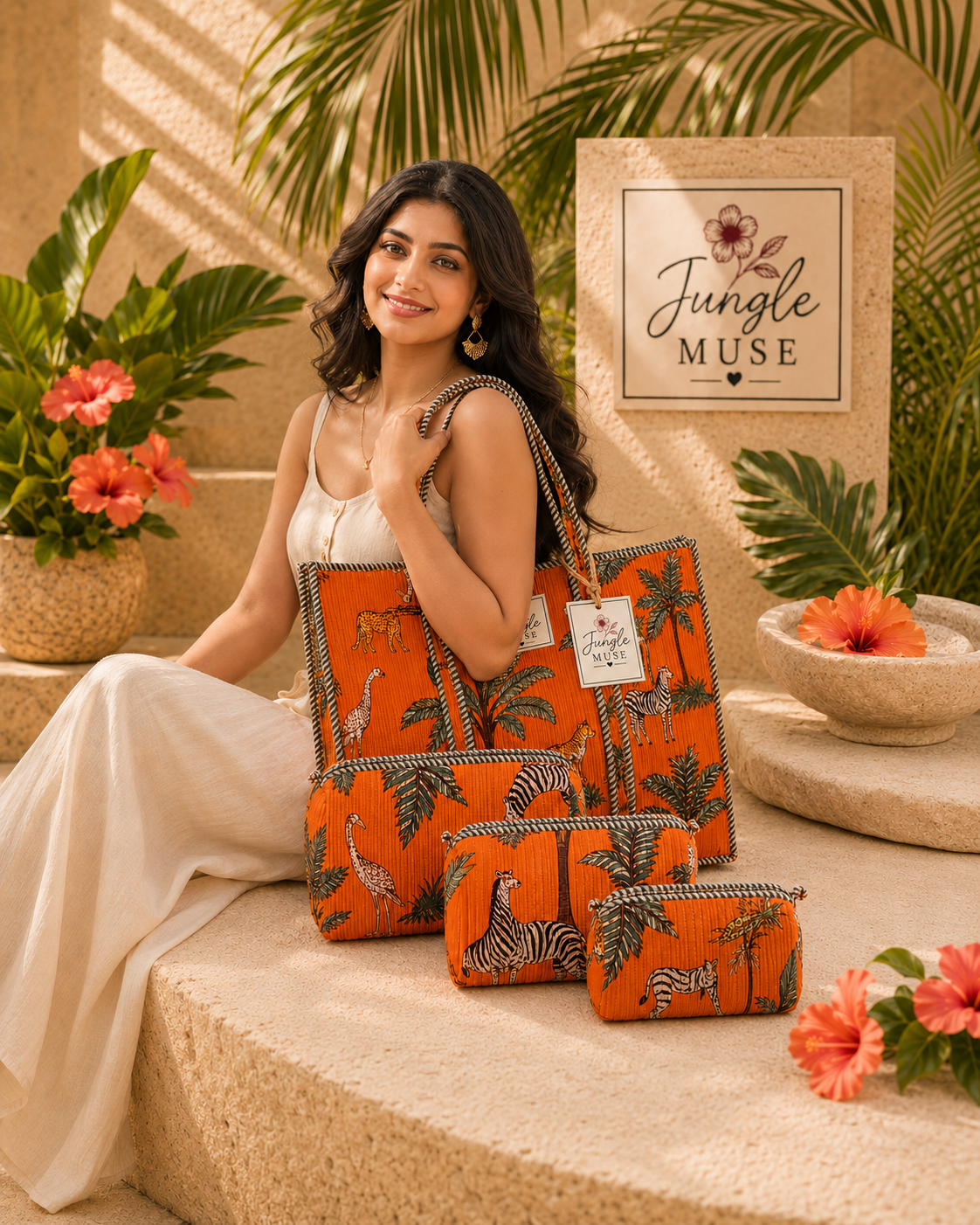Orange Safari Quilted Tote Bag & Pouch Set