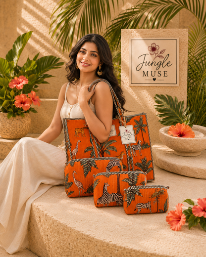 Orange Safari Quilted Tote Bag & Pouch Set