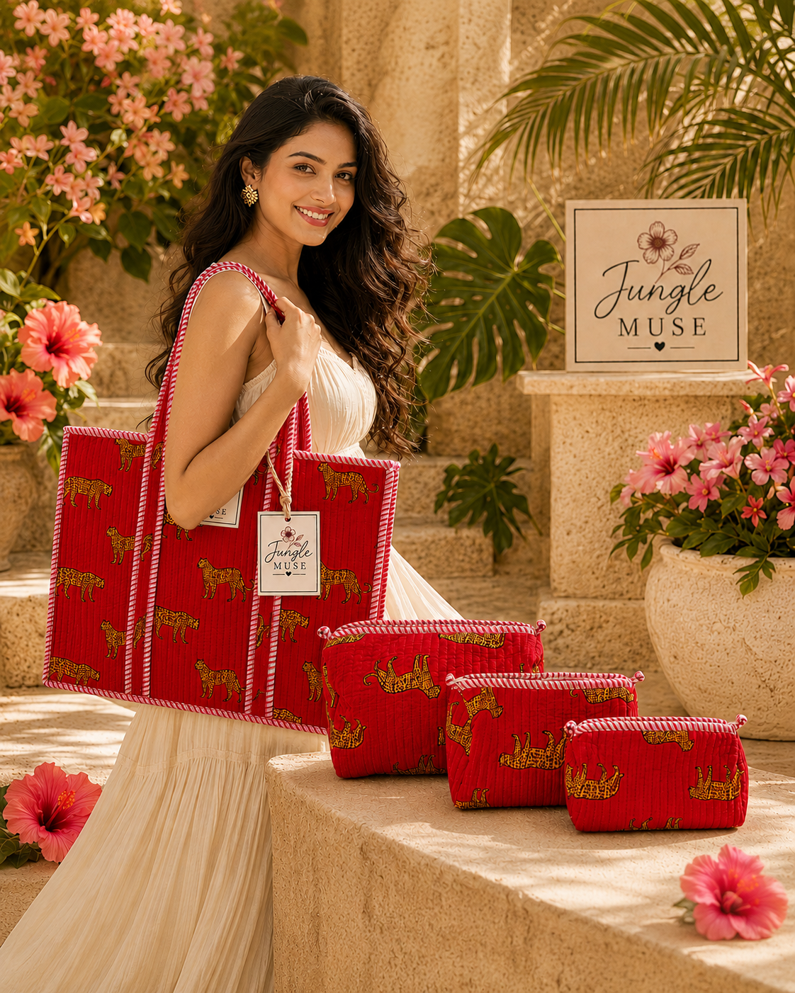 Ruby Leopard Quilted Tote & Pouch Set