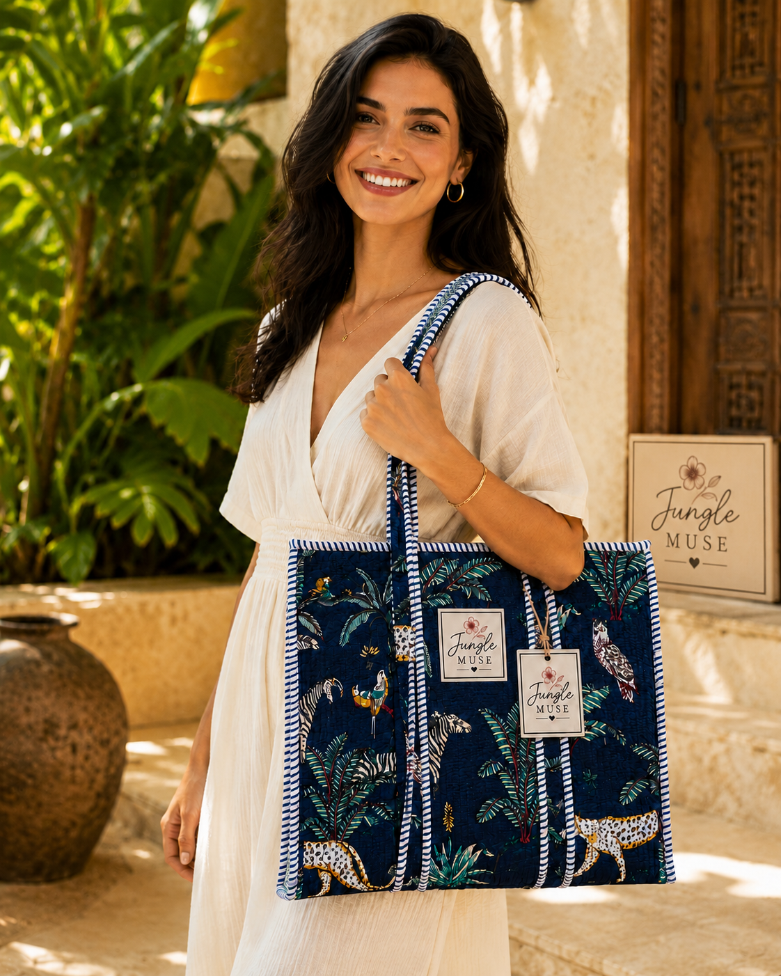 Dark Blue Safari Quilted Tote Bag