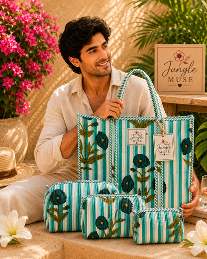 Aqua Blossom Quilted Tote Bag & Pouch Set
