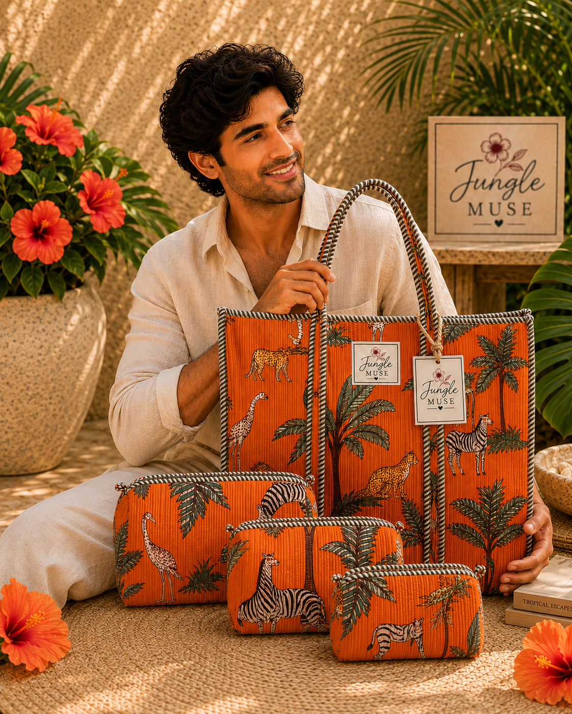 Orange Safari Quilted Tote Bag & Pouch Set
