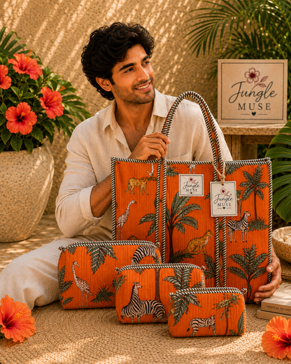 Orange Safari Quilted Tote Bag & Pouch Set