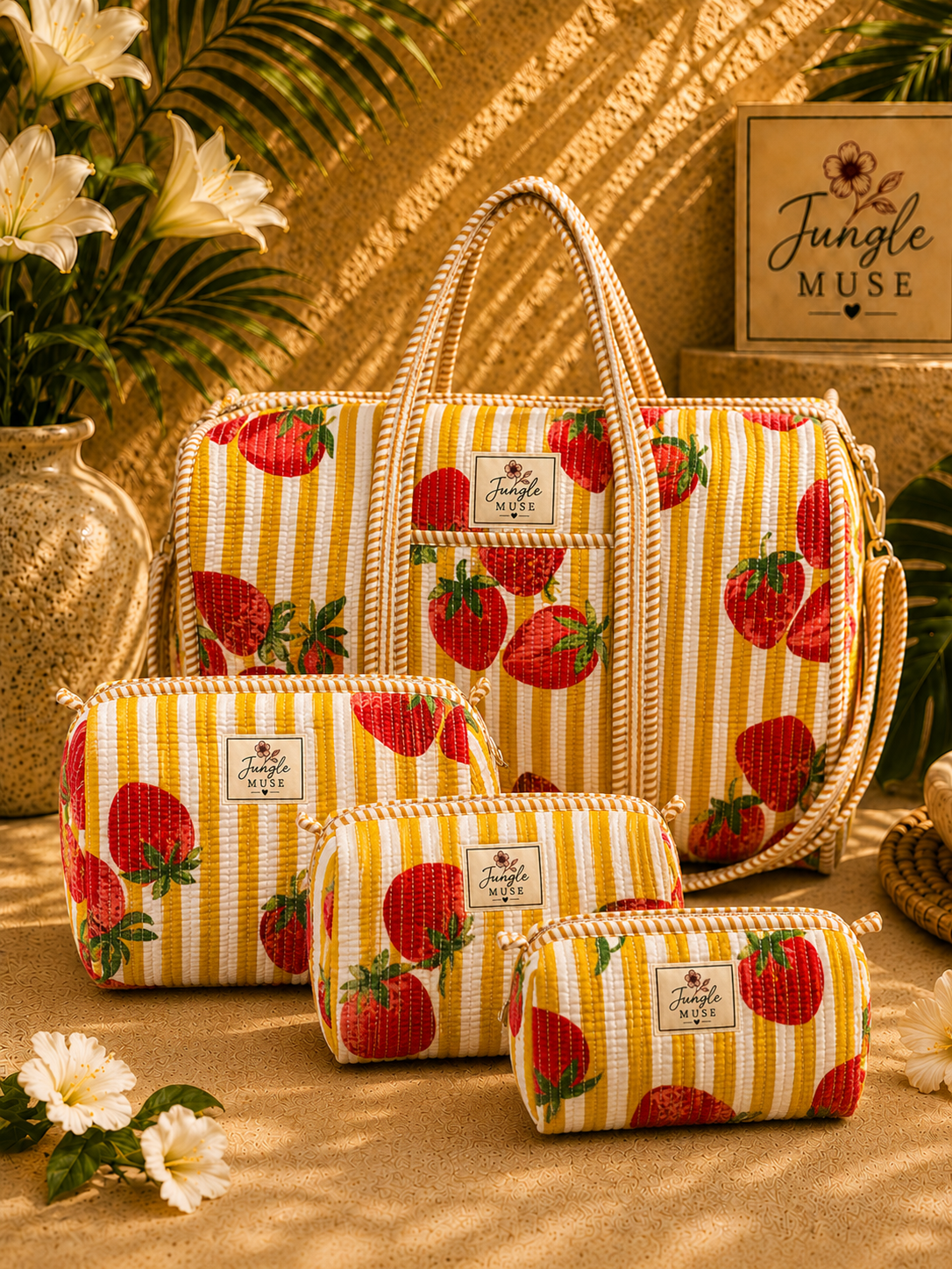 Yellow Strawberry Bliss Quilted Duffle & Pouch Set