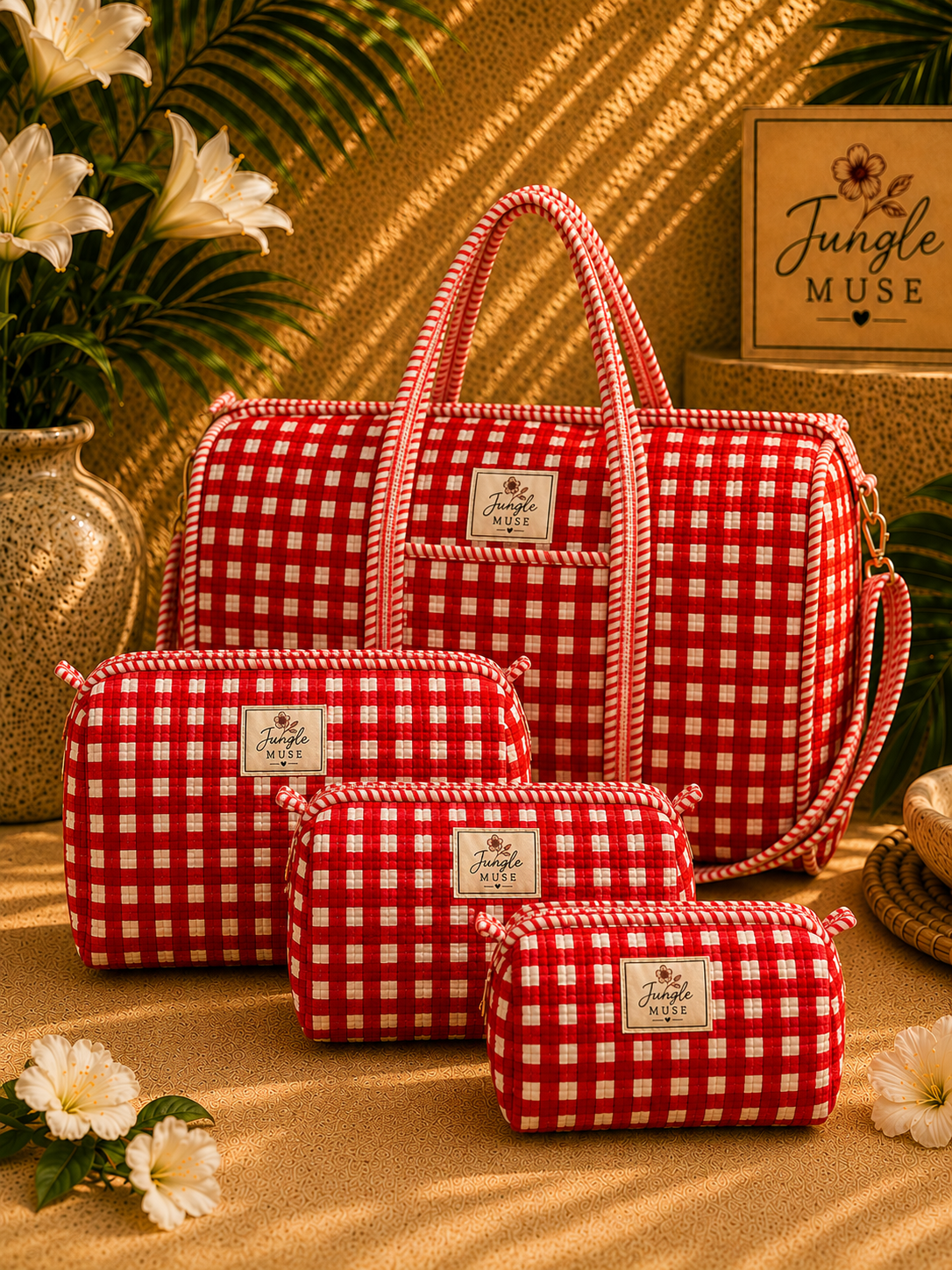 Red Scarlet Check Quilted Duffle & Pouch Set