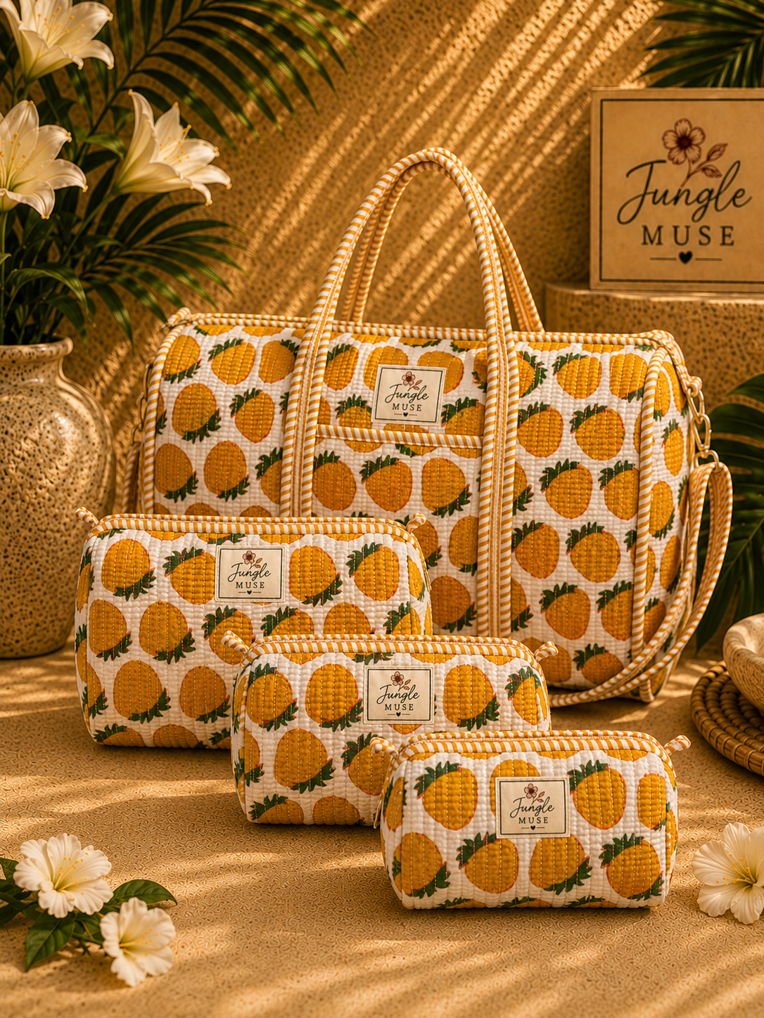 Yellow Pineapple Bloom Quilted Duffle & Pouch Set