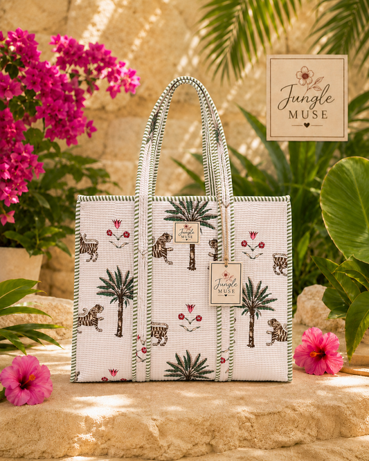 Ivory Palm Safari Quilted Tote Bag