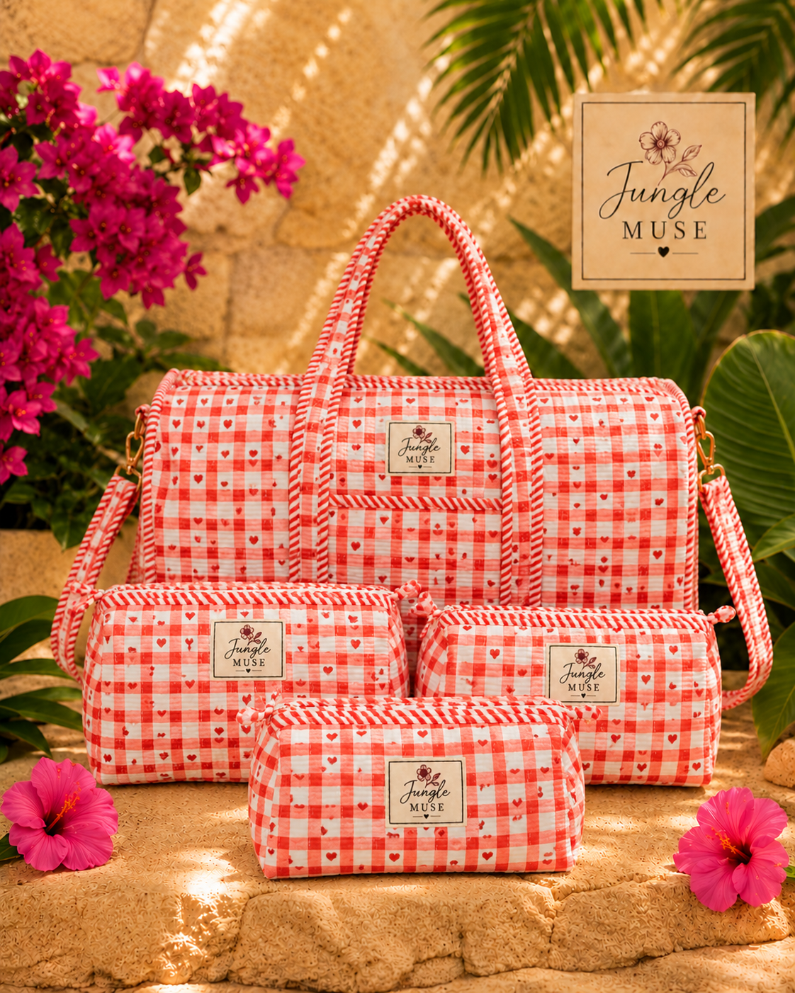 Coral Heart Check Quilted Duffle & Pouch Set