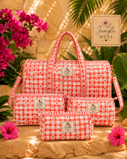 Coral Heart Check Quilted Duffle & Pouch Set