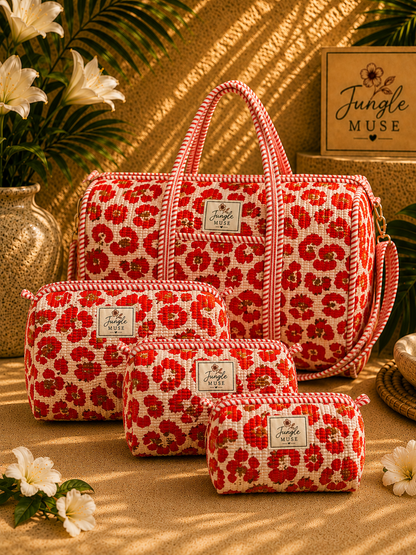 Red Poppy Bloom Quilted Duffle & Pouch Set