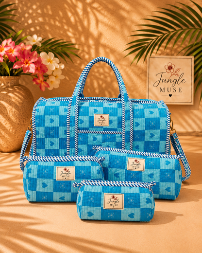 Ocean Blue Check Quilted Duffle & Pouch Set