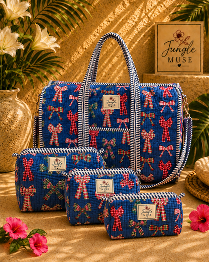 Blue Ribbon Bloom Quilted Duffle & Pouch Set