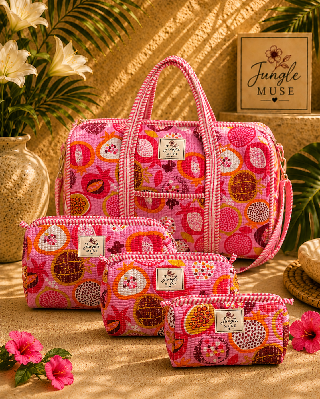 Pink Tropical Bloom Quilted Duffle & Pouch Set