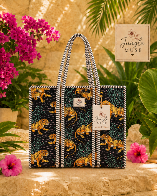 Royal Black Leopard Quilted Tote Bag