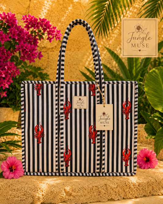 Black Lobster Stripe Quilted Tote Bag