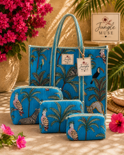 Blue Safari Quilted Tote & Pouch Set