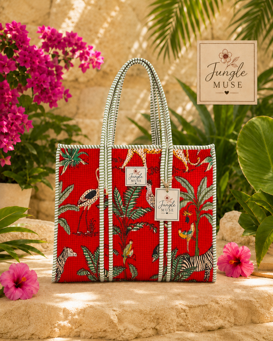Crimson Jungle Quilted Tote Bag