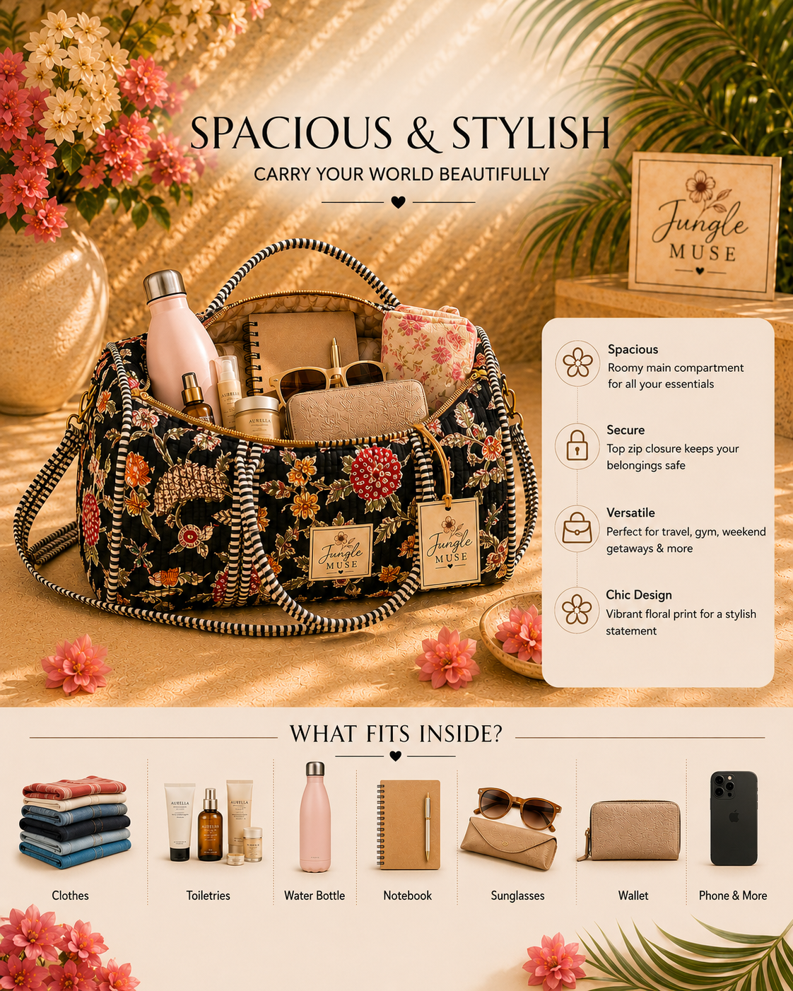 Midnight Garden Quilted Duffle Bag