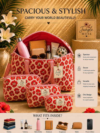 Red Poppy Bloom Quilted Duffle & Pouch Set