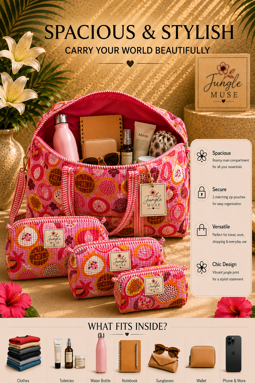Pink Tropical Bloom Quilted Duffle & Pouch Set