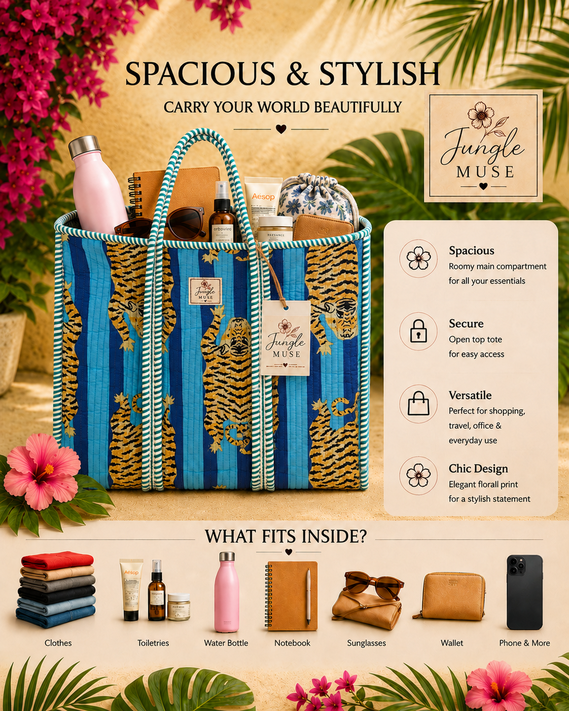 Ocean Tiger Jungle Quilted Tote Bag