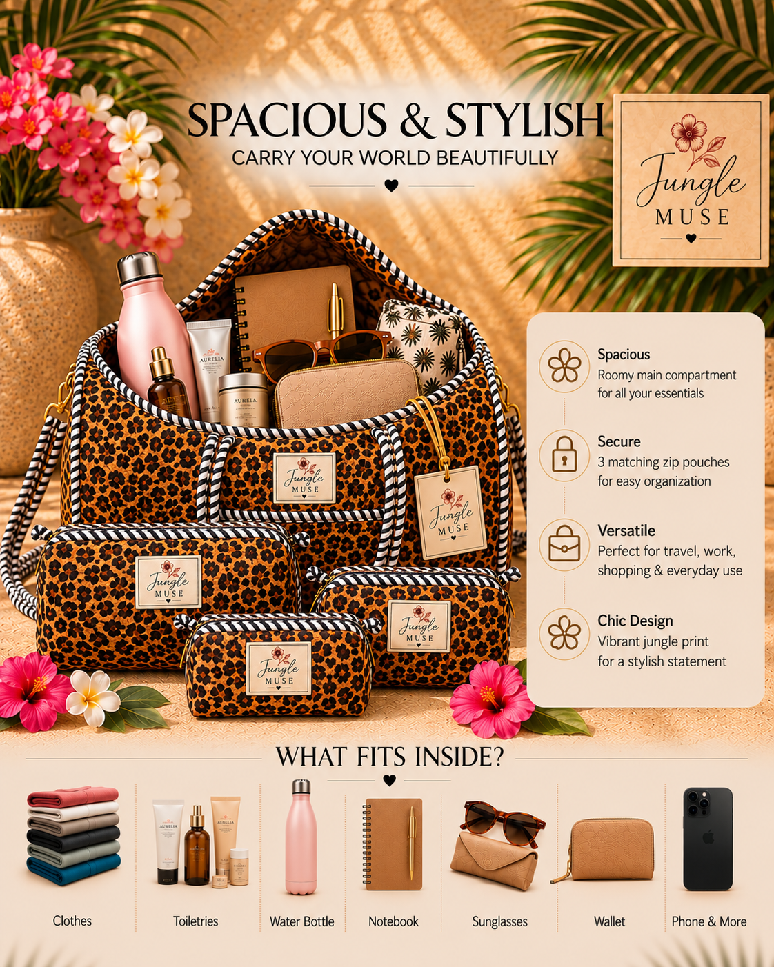 Wild Cheetah Print Quilted Duffle & Pouch Set