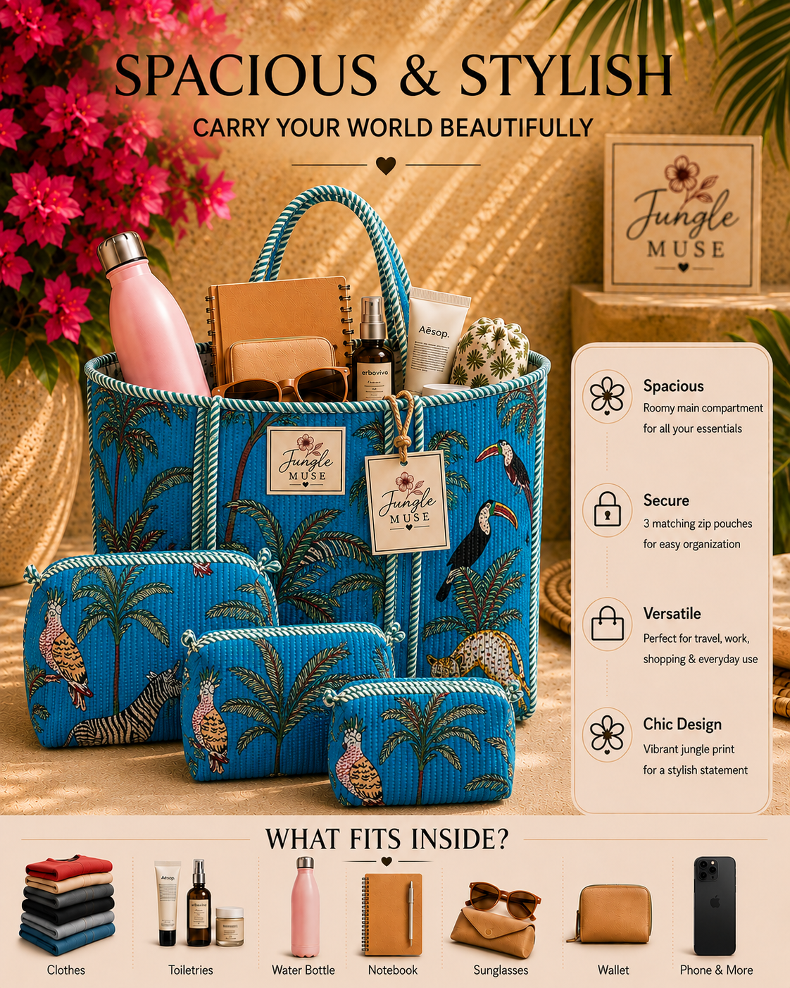 Blue Safari Quilted Tote & Pouch Set