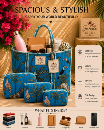 Blue Safari Quilted Tote & Pouch Set