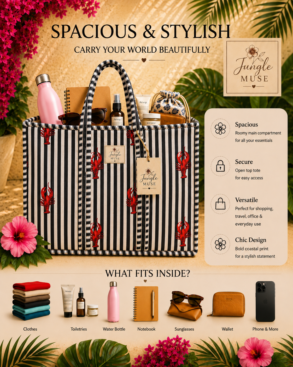 Black Lobster Stripe Quilted Tote Bag