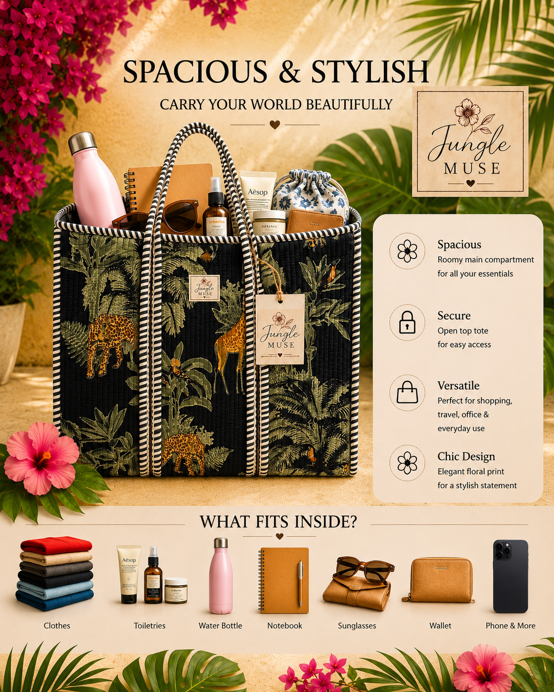 Jungle Night Carryall Quilted Tote Bag
