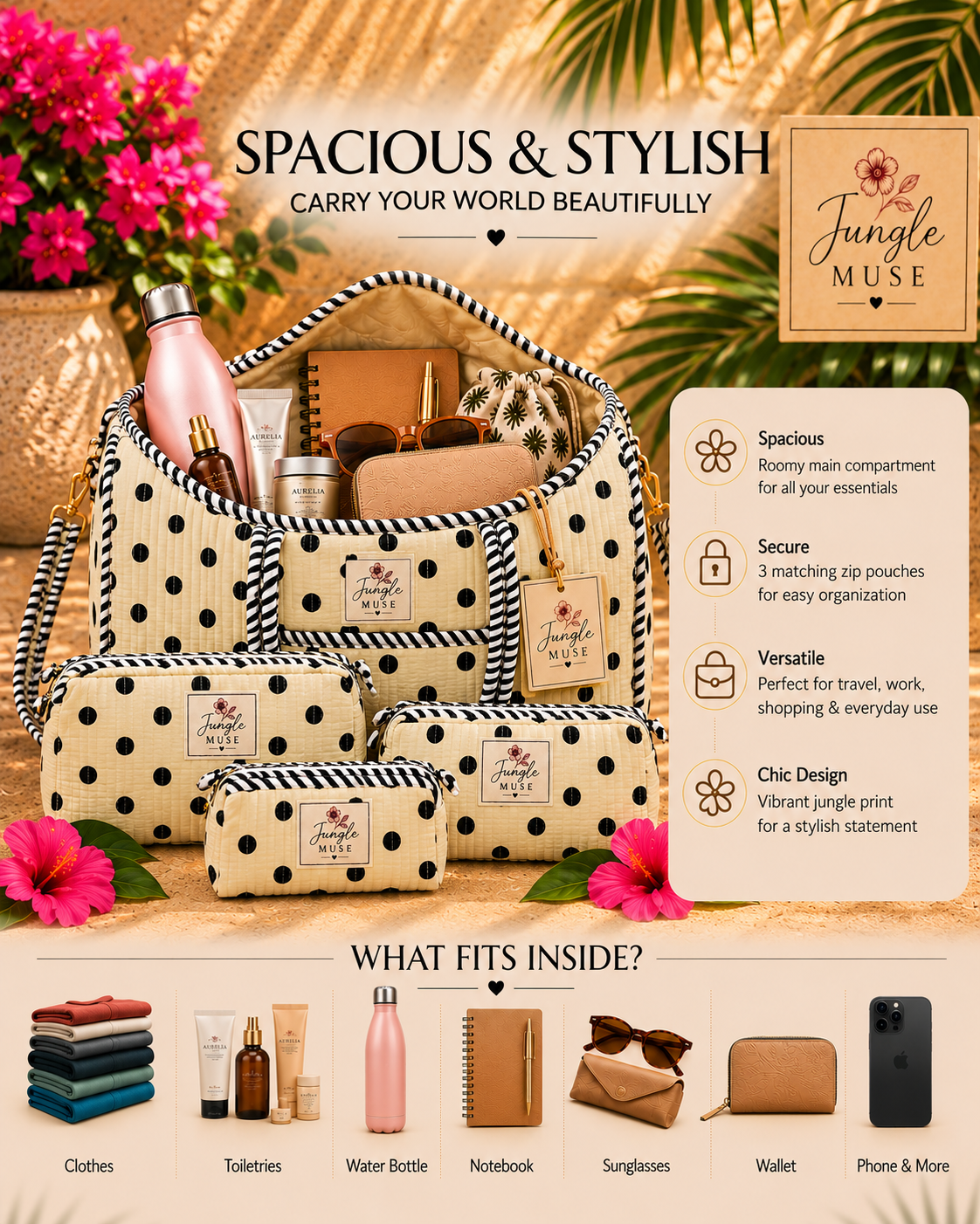 Monochrome Polka Dot Quilted Duffle & Pouch Set