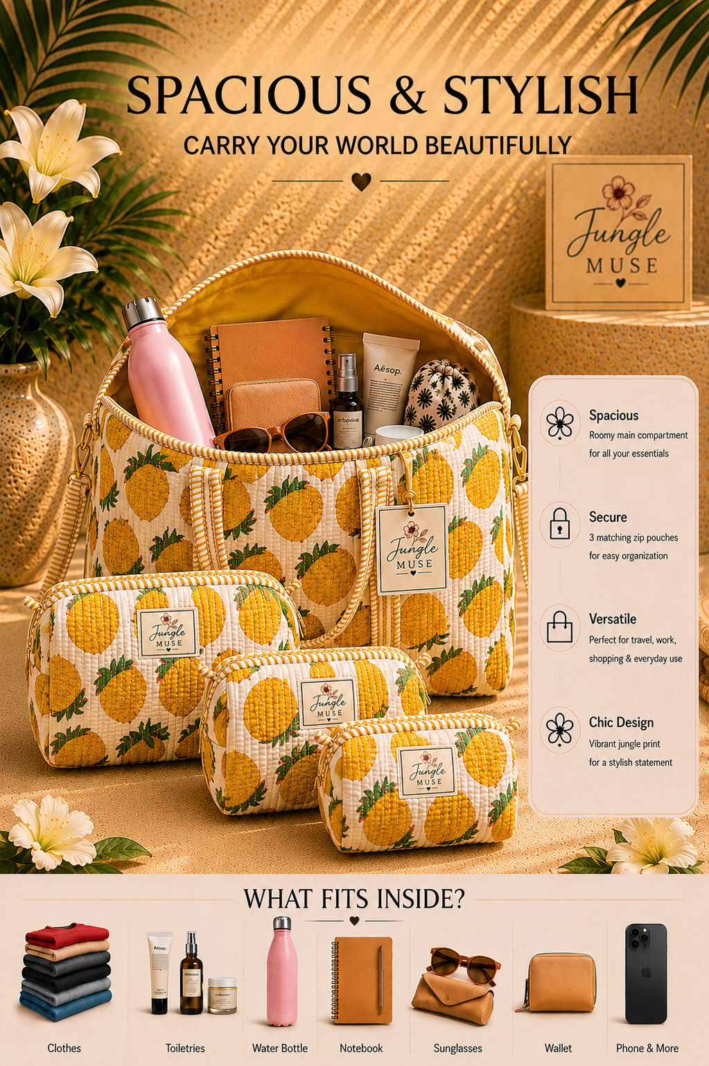 Yellow Pineapple Bloom Quilted Duffle & Pouch Set