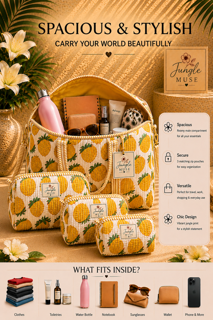 Yellow Pineapple Bloom Quilted Duffle & Pouch Set