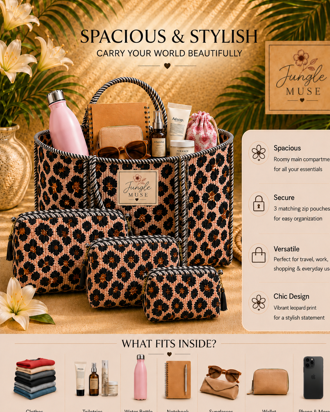 Sunset Leopard Quilted Tote & Pouch Set