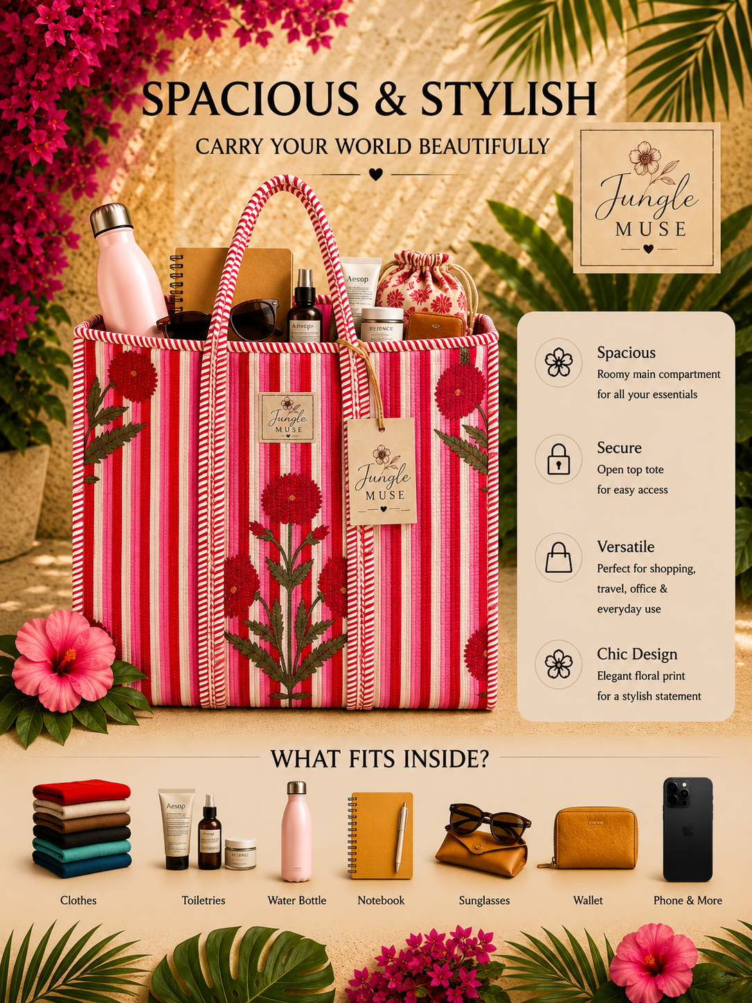Crimson Bloom Quilted Tote Bag