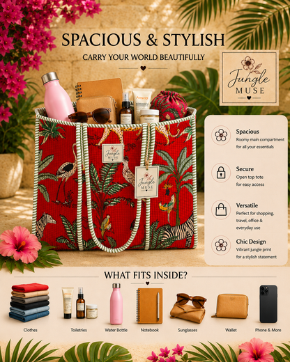 Crimson Jungle Quilted Tote Bag